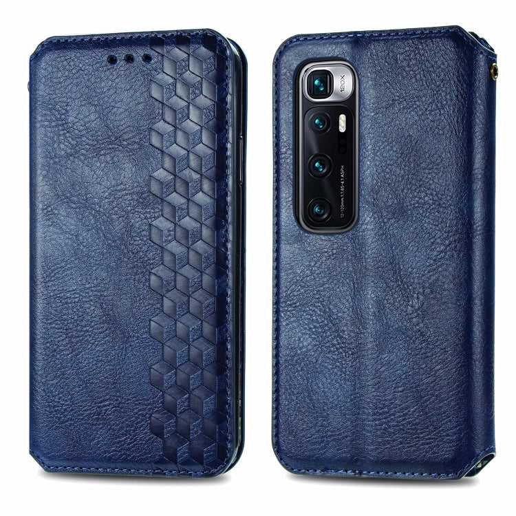 Blue PU leather phone case with cube grid texture and cutouts for camera and ports