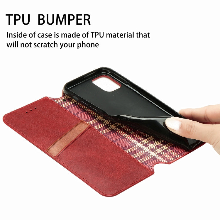 PU leather flip phone case with card slots, red textured pattern, magnetic closure.