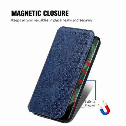 Blue PU leather flip case with magnetic closure and cube grid embossed design