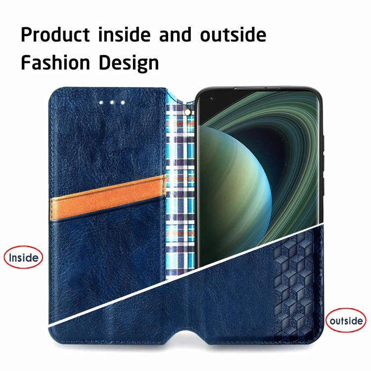 Blue PU leather flip wallet case with card slots on the inside and cube grid outside