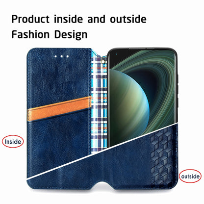 Blue PU leather flip wallet case with card slots on the inside and cube grid outside
