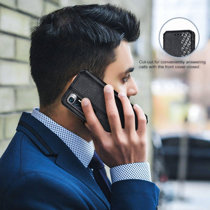 Blue folio phone case with cutout for calling with cover closed