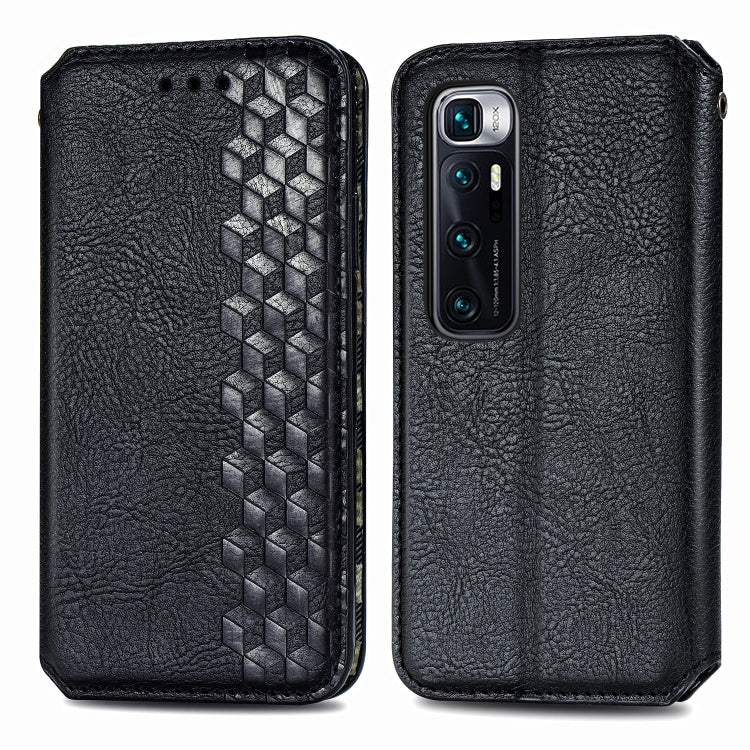 Black PU leather flip phone case with geometric grid embossing and camera cutout.