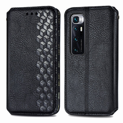 Black PU leather flip phone case with geometric grid embossing and camera cutout.