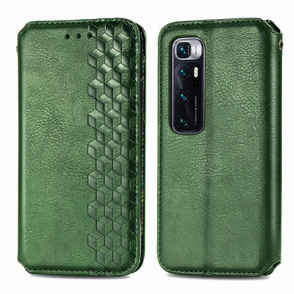 Green PU leather flip phone case with geometric grid embossing and rear camera opening.