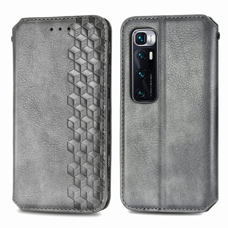 Gray PU leather flip phone case with geometric grid embossing and rear camera opening.