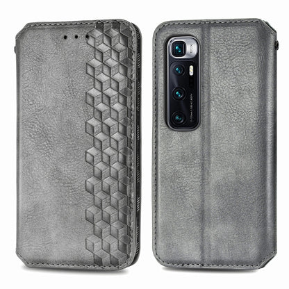 Gray PU leather flip phone case with geometric grid embossing and rear camera opening.