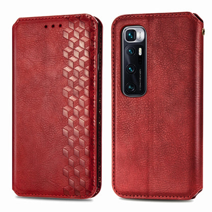 Red PU leather flip phone case with geometric grid embossing and camera cutout.