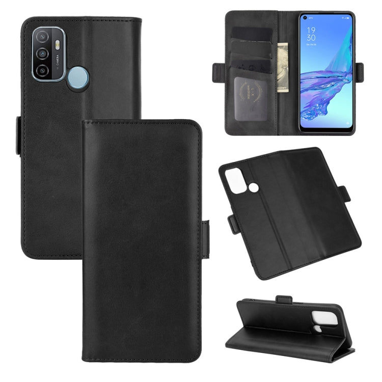 Black horizontal flip leather phone case with magnetic buckle, card slots, and stand