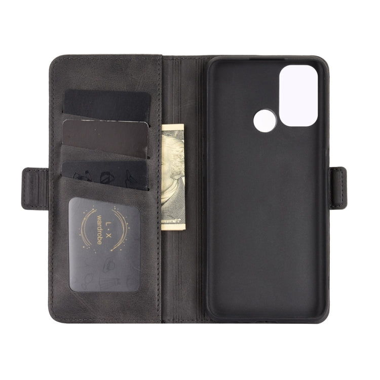 Open black flip leather phone case with card slots and document pocket