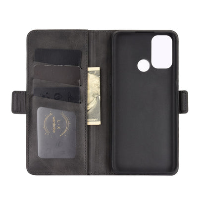 Open black flip leather phone case with card slots and document pocket