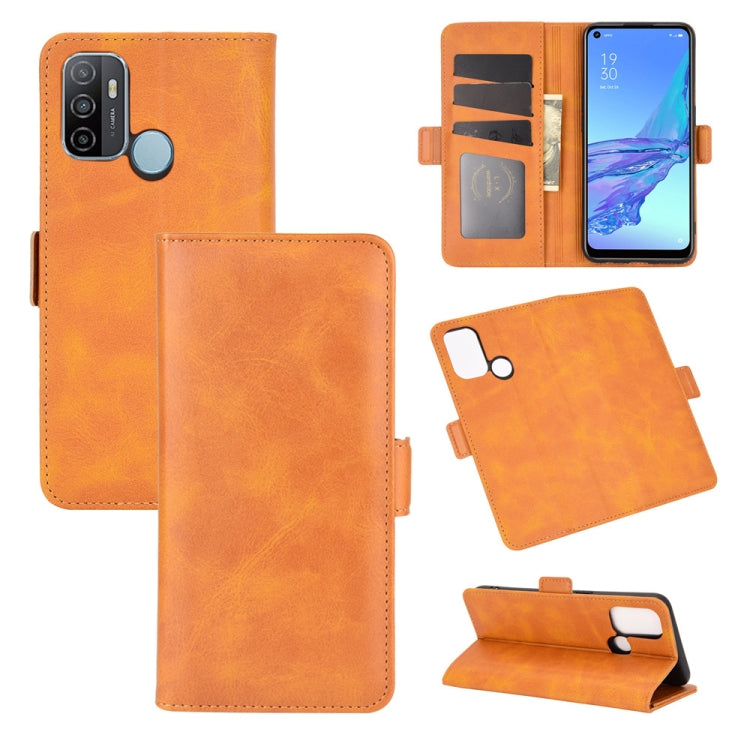 Orange leather flip phone case with magnetic buckle, card slots, and stand