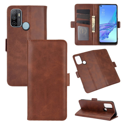 Brown leather flip phone case with magnetic buckle, card slots, and stand