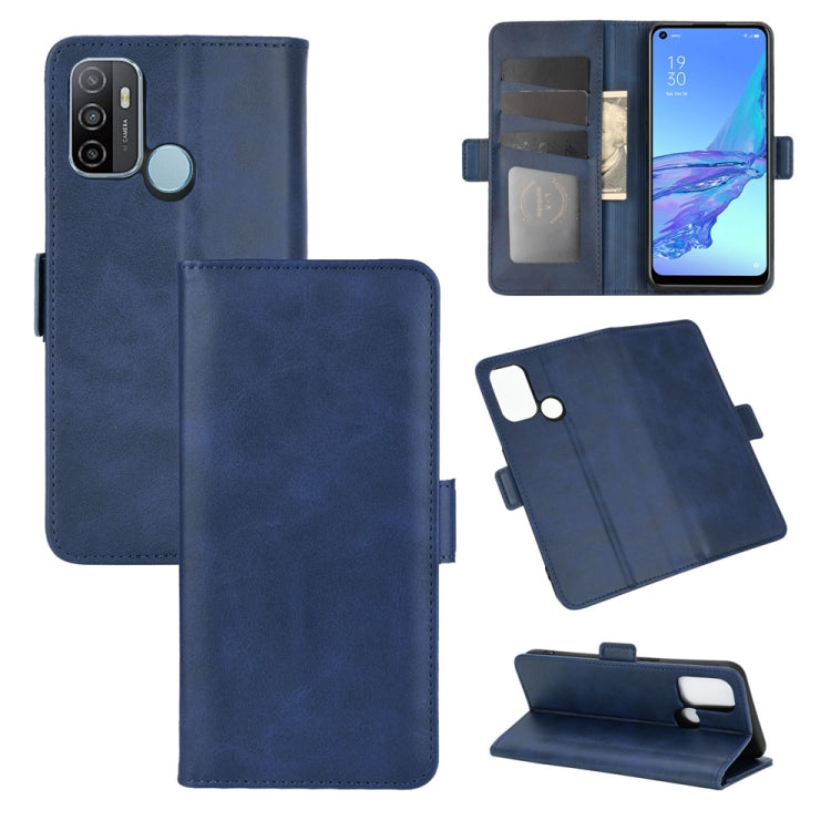 Dark blue leather flip phone case with magnetic buckle, card slots, and stand