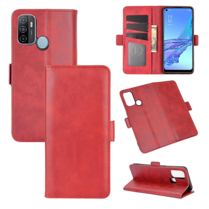 Red leather flip phone case with magnetic buckle, card slots, and stand