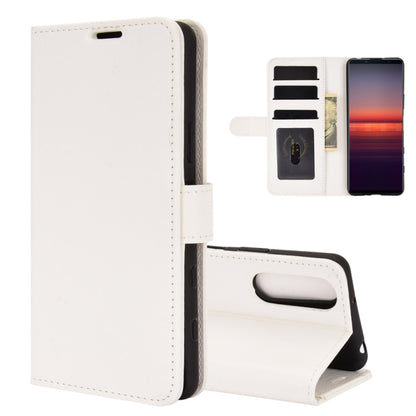 White leather-style flip phone case with card slots and viewing stand holder