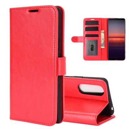 Red leather-style flip phone case with card slots and viewing stand holder