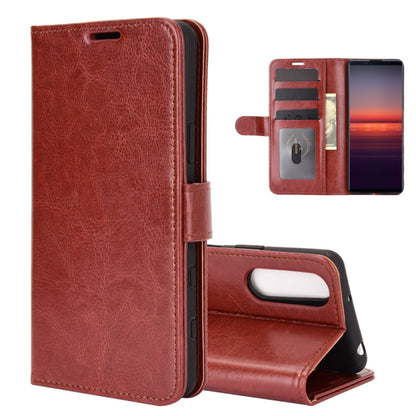 Brown leather-style flip phone case with card slots and viewing stand holder