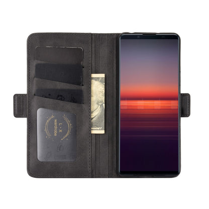 Black leather flip wallet case open with card slots and phone front display view