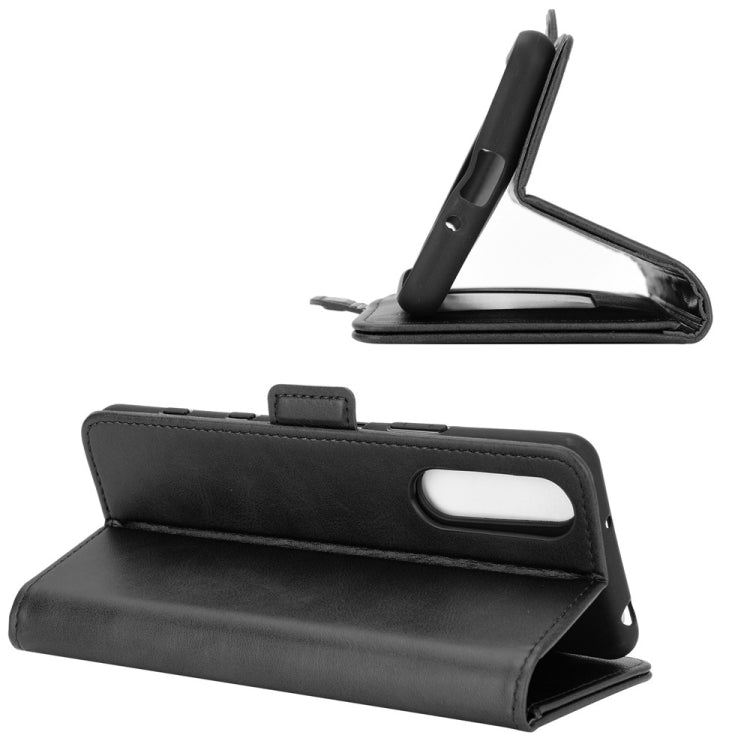 Black leather flip wallet case with built-in stand and side camera opening