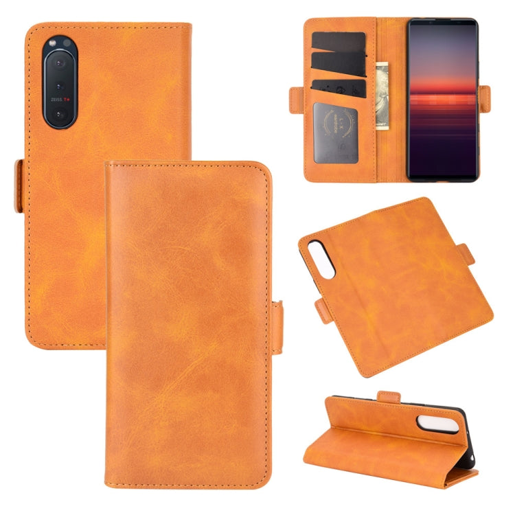 Orange leather horizontal flip phone case with magnetic buckle, card holder and stand
