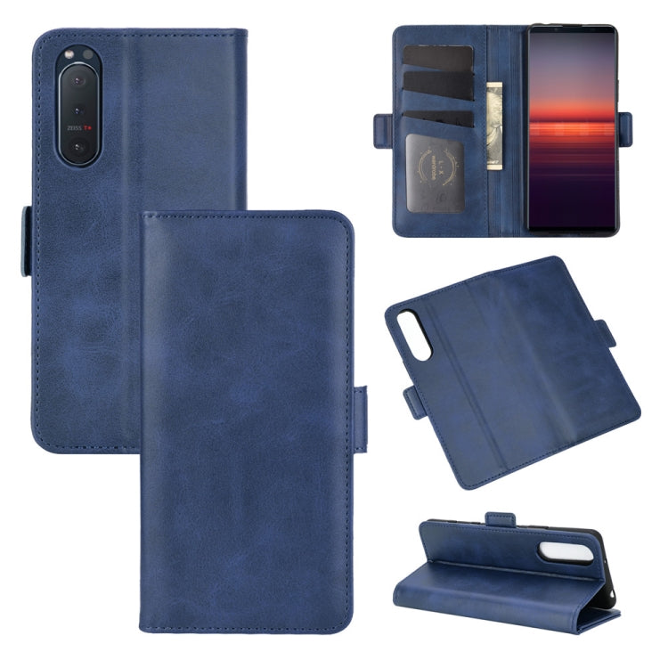 Blue leather horizontal flip phone case with magnetic buckle, card holder and stand