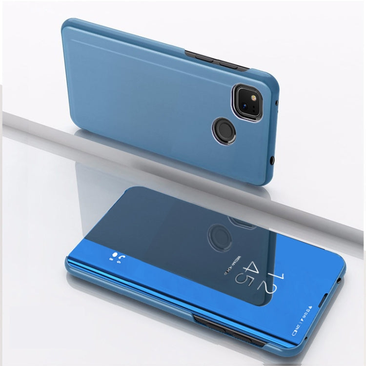 Blue horizontal flip leather phone case with mirror and card holder cutouts