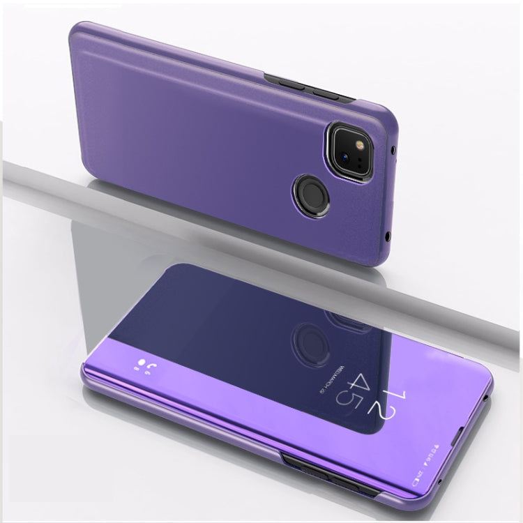 Purple horizontal flip leather phone case with mirror and card holder cutouts