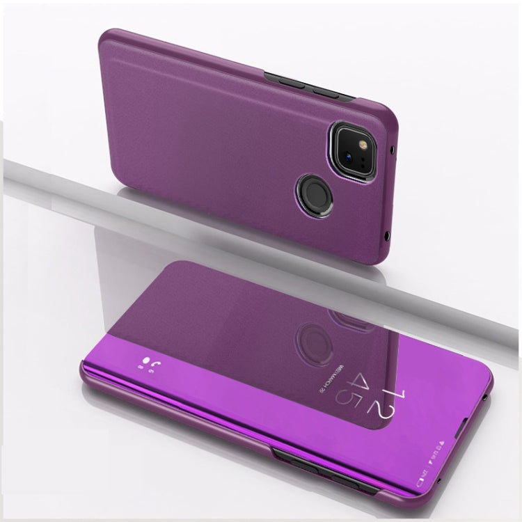 Purple horizontal flip mirror leather phone case with camera cutout and holder