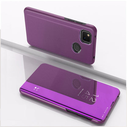 Purple horizontal flip mirror leather phone case with camera cutout and holder