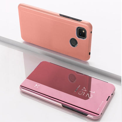Rose pink horizontal flip mirror leather phone case with camera cutout and stand