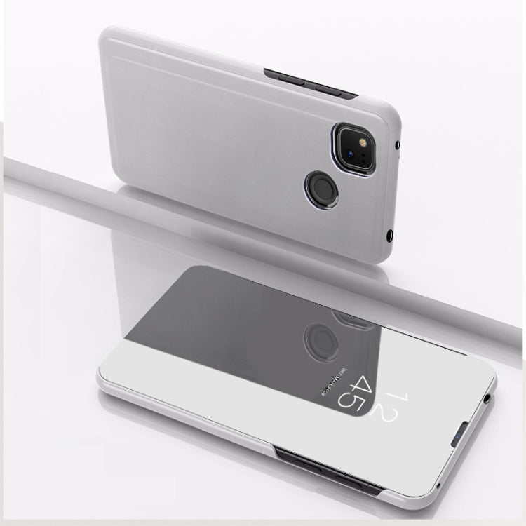Silver horizontal flip mirror leather phone case with camera cutout and stand