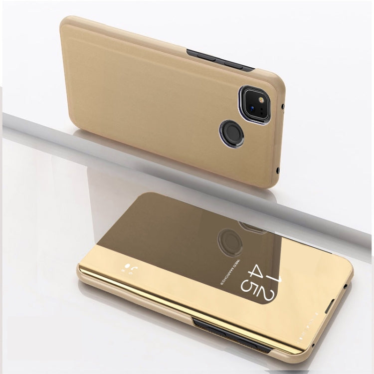 Gold horizontal flip mirror leather phone case with camera cutout and stand