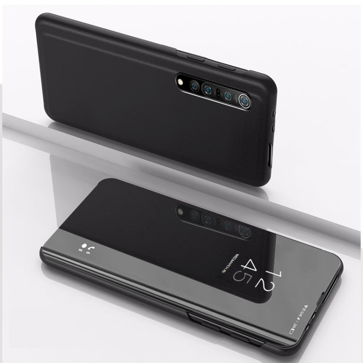 Black horizontal flip mirror leather phone case with camera cutout and stand