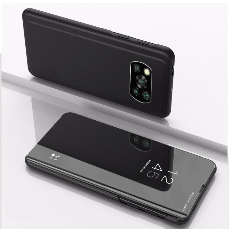 Plated mirror flip leather phone case with holder, black with camera cutout