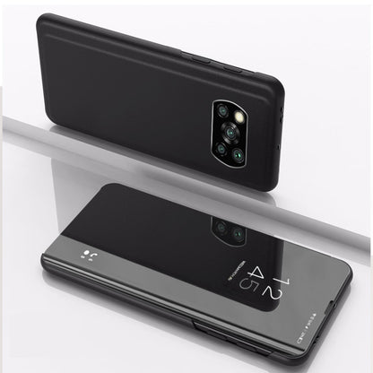 Plated mirror flip leather phone case with holder, black with camera cutout