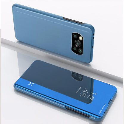 Plated mirror flip leather phone case with holder, blue back and triple camera cutout