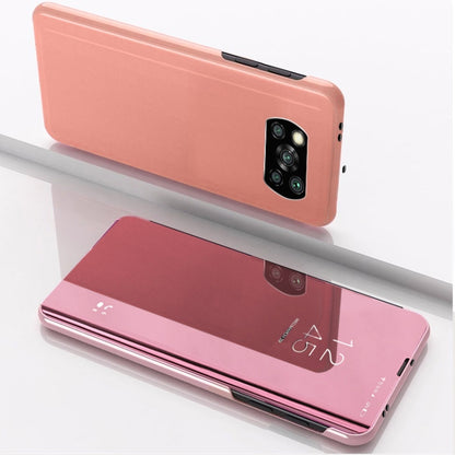 Plated mirror flip leather phone case with holder, rose gold pink back with camera cutout
