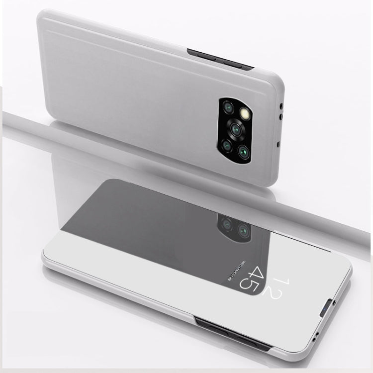 Plated mirror flip leather phone case with holder, light gray back with camera cutout