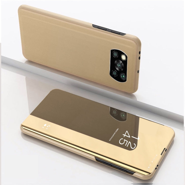 Plated mirror flip leather phone case with holder, beige front cover and camera cutout