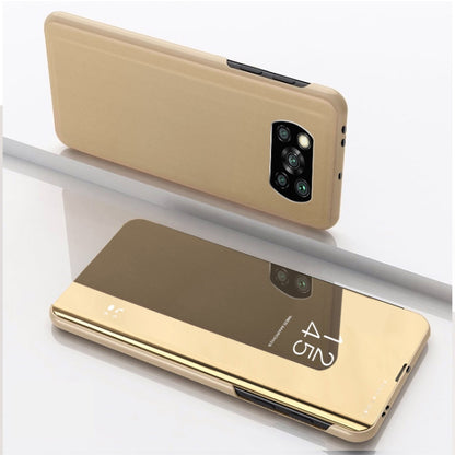 Plated mirror flip leather phone case with holder, beige front cover and camera cutout