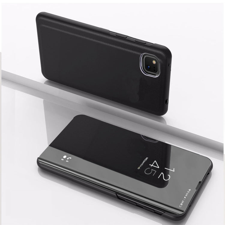 Plated mirror flip leather phone case with holder, black; back cover and mirror flap