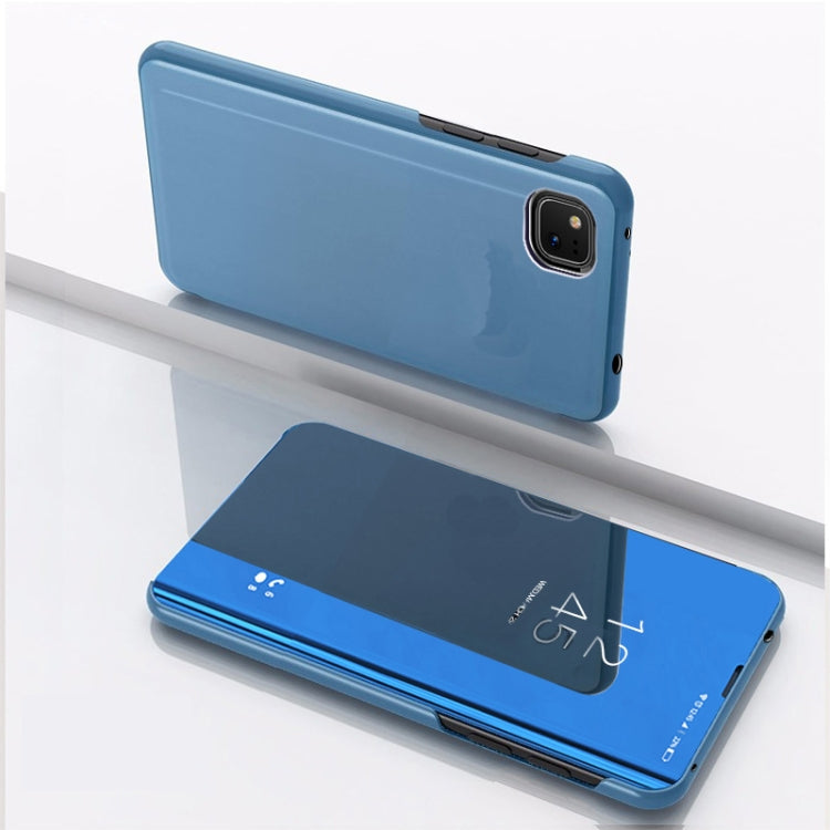 Plated mirror flip leather phone case with holder, blue; back cover and mirror flap