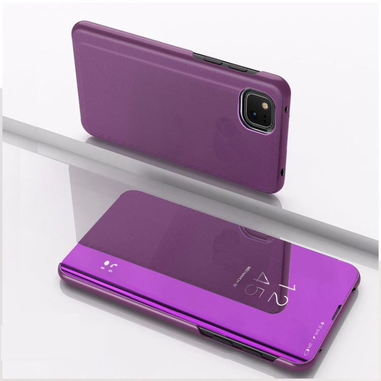 Plated mirror flip leather phone case with holder, plum purple; back cover and mirror flap