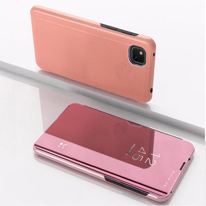 Plated mirror flip leather phone case with holder, rose gold; back cover and mirror flap