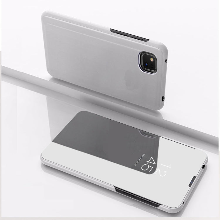 Plated mirror flip leather phone case with holder, silver; back cover and mirror flap