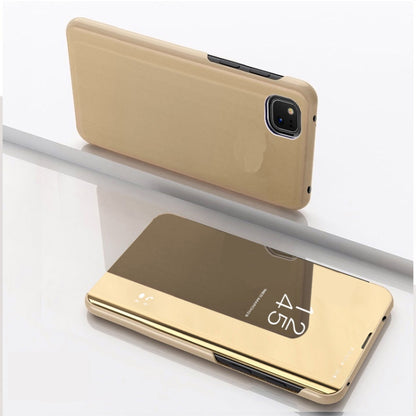 Plated mirror flip leather phone case with holder, gold; back cover and mirror flap