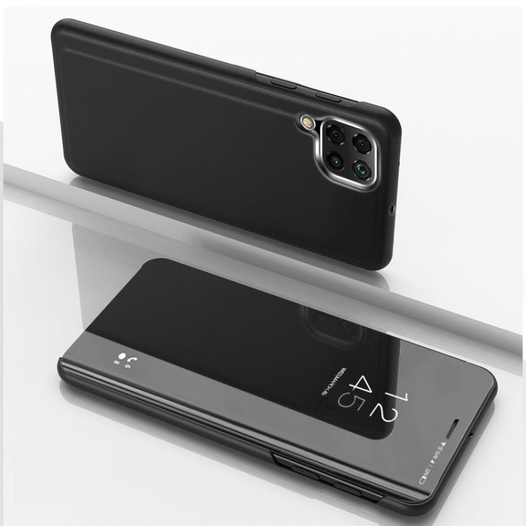 Plated mirror flip leather phone case with holder, black; dual camera cutout and mirror flap