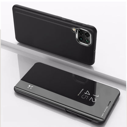 Plated mirror flip leather phone case with holder, black; dual camera cutout and mirror flap