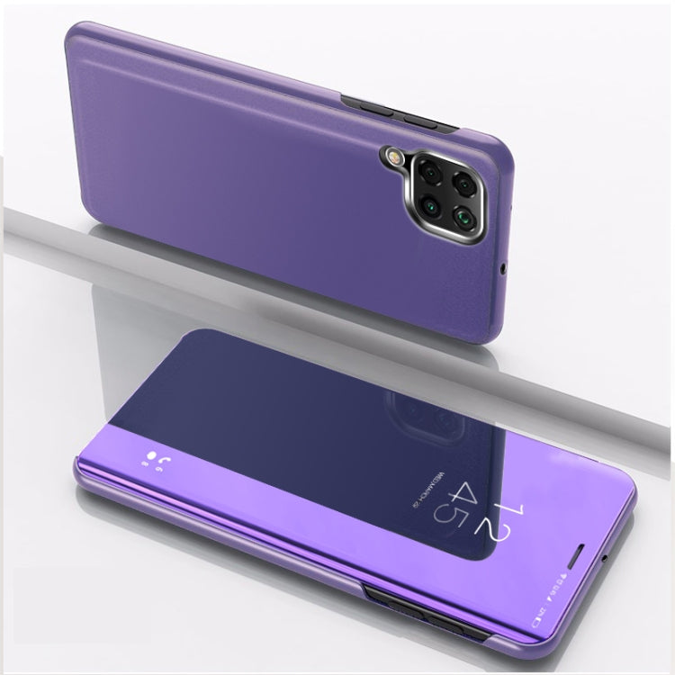Plated mirror flip leather phone case with holder, purple; dual camera cutout and mirror flap